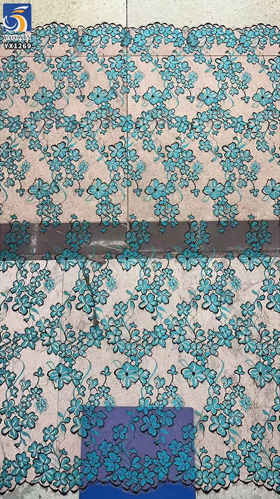 YX1269-1 France Elegant Style Two-Tone Eyelash Lace Fabric Polyester Cyan-Blue Hot Selling Tulle Lace Fabric for Garments - 图片 5