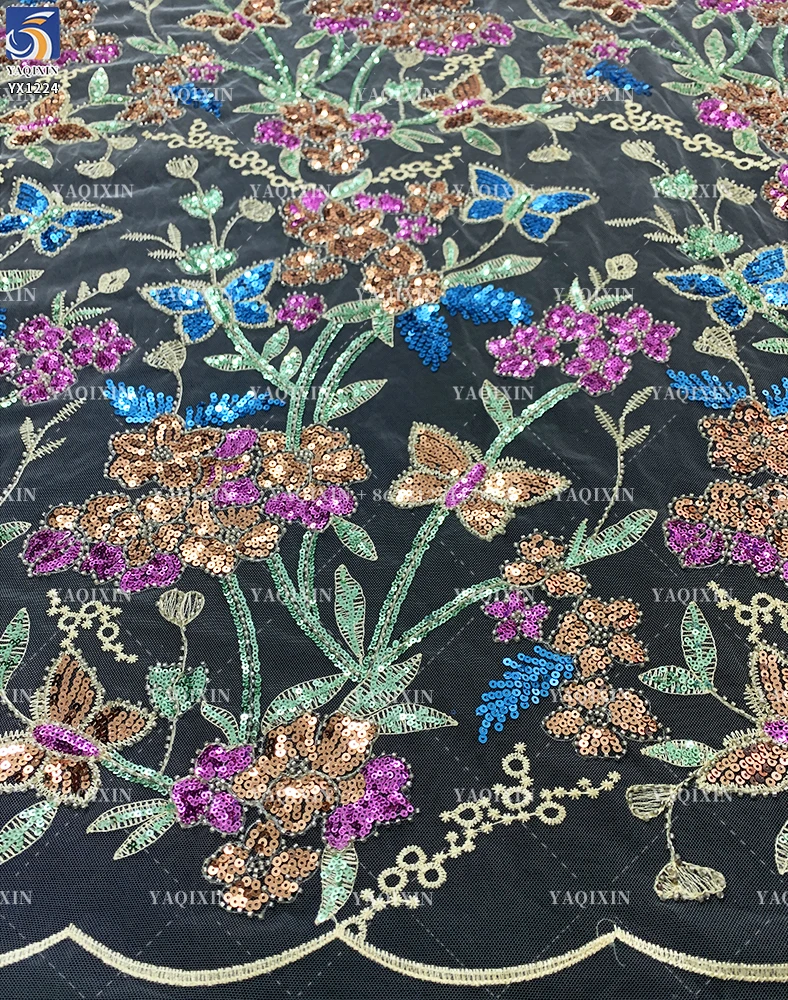 YX1224 African Colorful Sequins Embroidered Lace Fabric Hot Sales Popular Chinese Designer Floral Lace Sequin Fabric Textiles - 图片 2