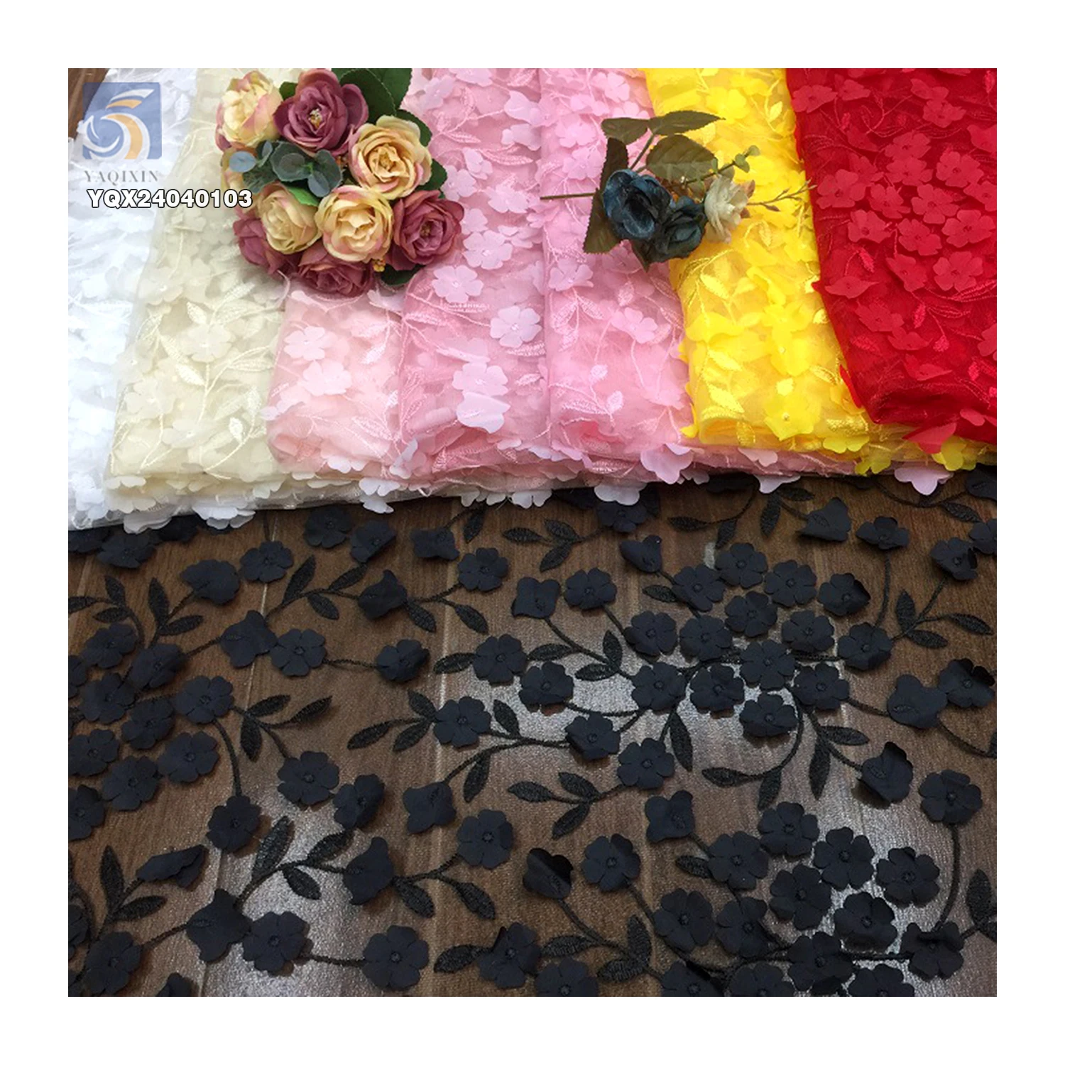 New Arrival Reasonable Price Lace Embroidery Fabric for Woman 3D Polyester Floral Fashion Fabrics - 图片 3