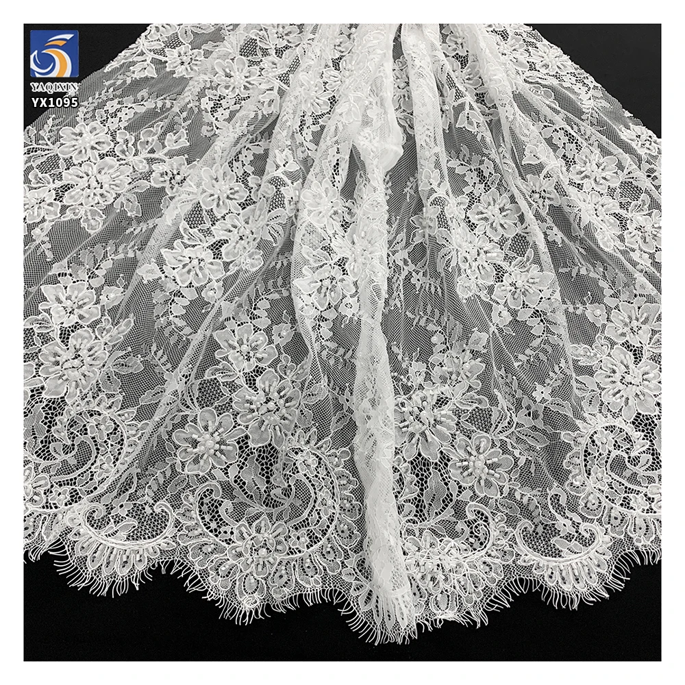 YX1095 Heavy Bridal Lace Fabric Beaded Luxury Fabric in White Polyester Bead Tube Pearl Embroidery Net Mesh Eyelash Lace Fabric - 图片 3