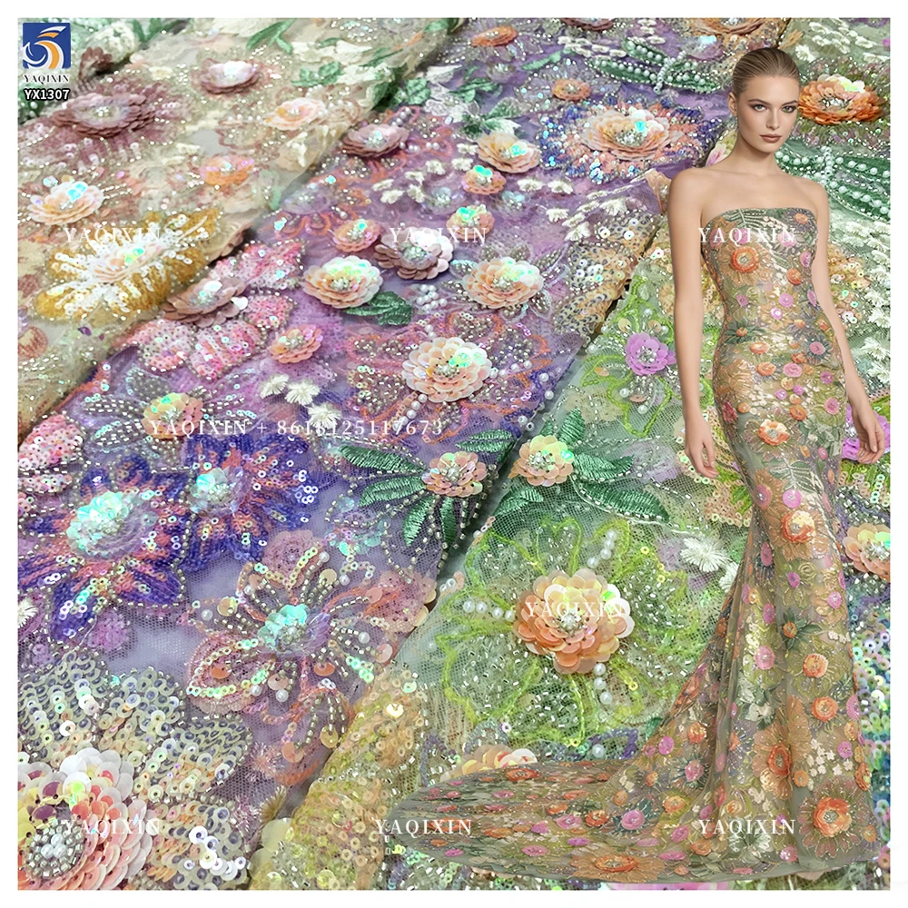 YX1226# New Product Launch 3D Flower Pattern Sequin Embroidery Colorful Mesh Fabric DIY Handmade Sequin Lace Fabric Textile
