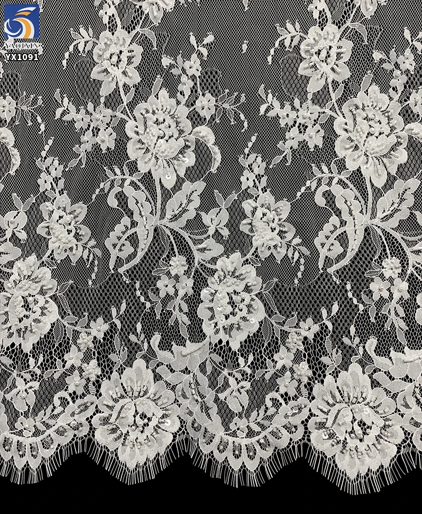 YX1091 High Quality White Lace Fabric 15 Yards Technology Heavyweight White Pearls Embroidered Flowers Eyelash Lace Fabrics - 图片 6