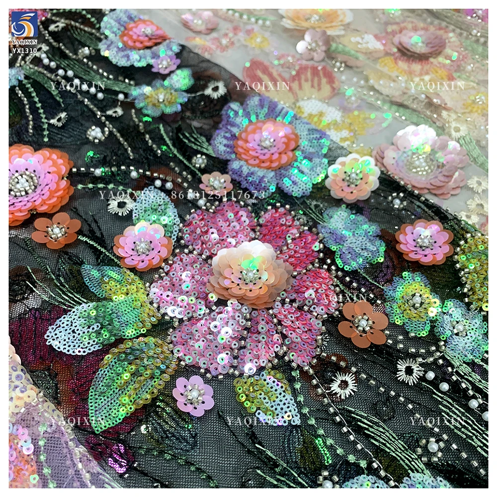 YX1310 Expensive High Quality Glitter 3D Flowers Sequin Embroidered Lace Fabric Custom Summer Costumes Sequin Lace Fabric - 图片 6