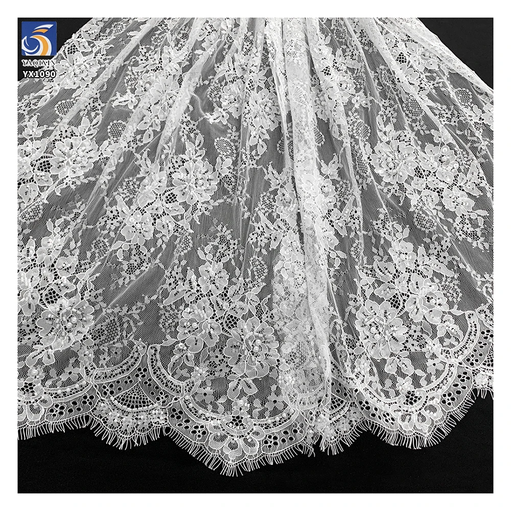 YX1090 New Lace Fabric Bride's 2025 African White Eyelash Lace Fabric With White Pearls 15 Yards Wedding - 图片 3