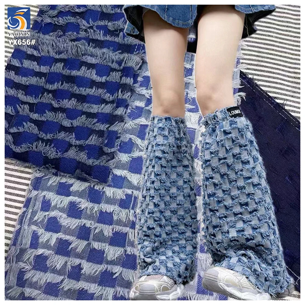 YX656 Fashion Checkerboard Check Plaid Tassel Jacquard Washed Denim Fabric 10oz 85 Cotton 15 Polyester Denim Fabric - 图片 5