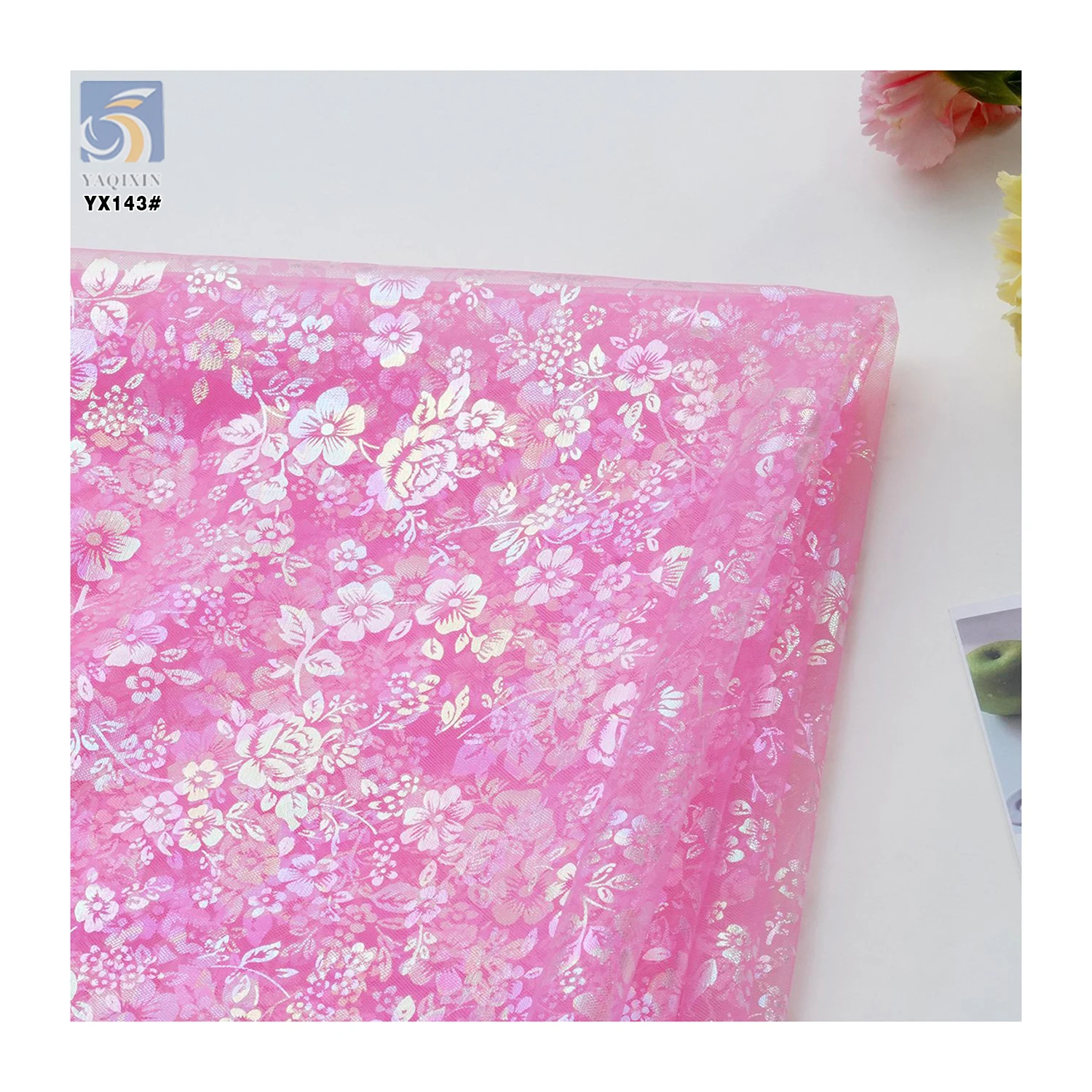 YX143 Beautiful Fancy 100% Polyester Floral Foil Printed Gradient Mesh Tulle Fabric Sheer Tulle With Printed - 图片 5