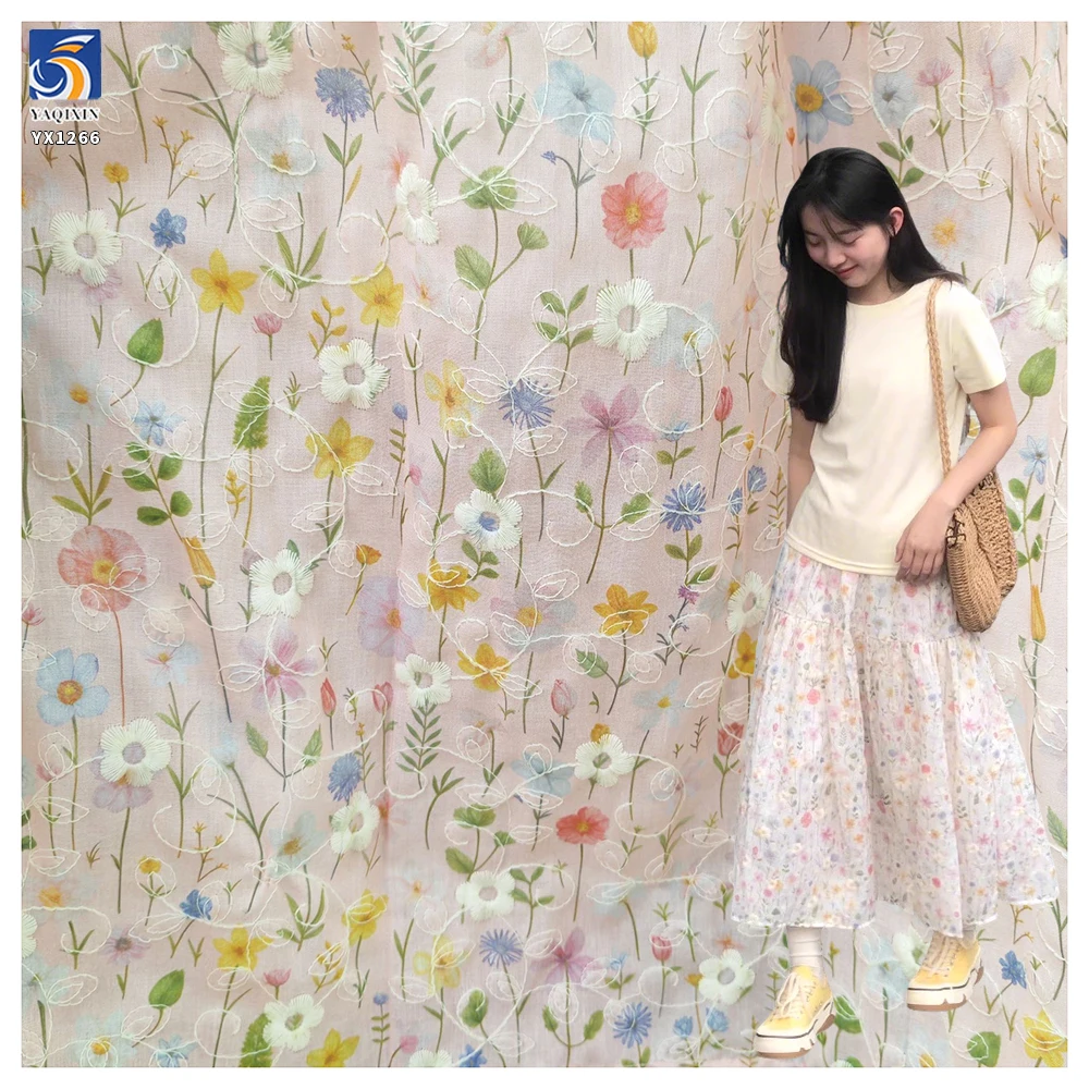 YX1266 2026 100% Polyester Pastoral Style Fresh Dress TC Floral Print & Embroidery Fabric Chiffon Florals Fabric for Garment