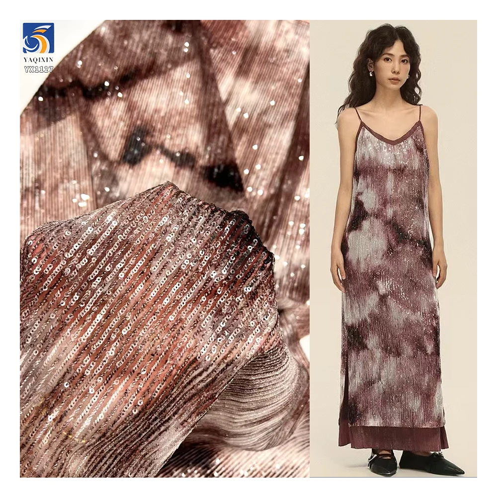 YX1127 Tie-Dye Style Pattern Design Straight Stripe 3mm Sequined Tulle Fabric Elastic Base Sequins Fabric for Apparel Garments