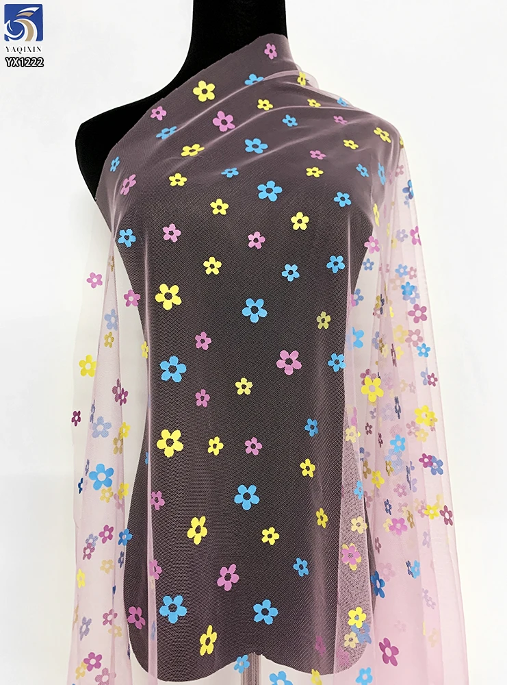 YX1222 2026 Offset Printing Custom Pink/Blue/Yellow Florals Mesh Tulle Fabrics for Girls' Skirts Children's Day Tulle Fabric - 图片 6