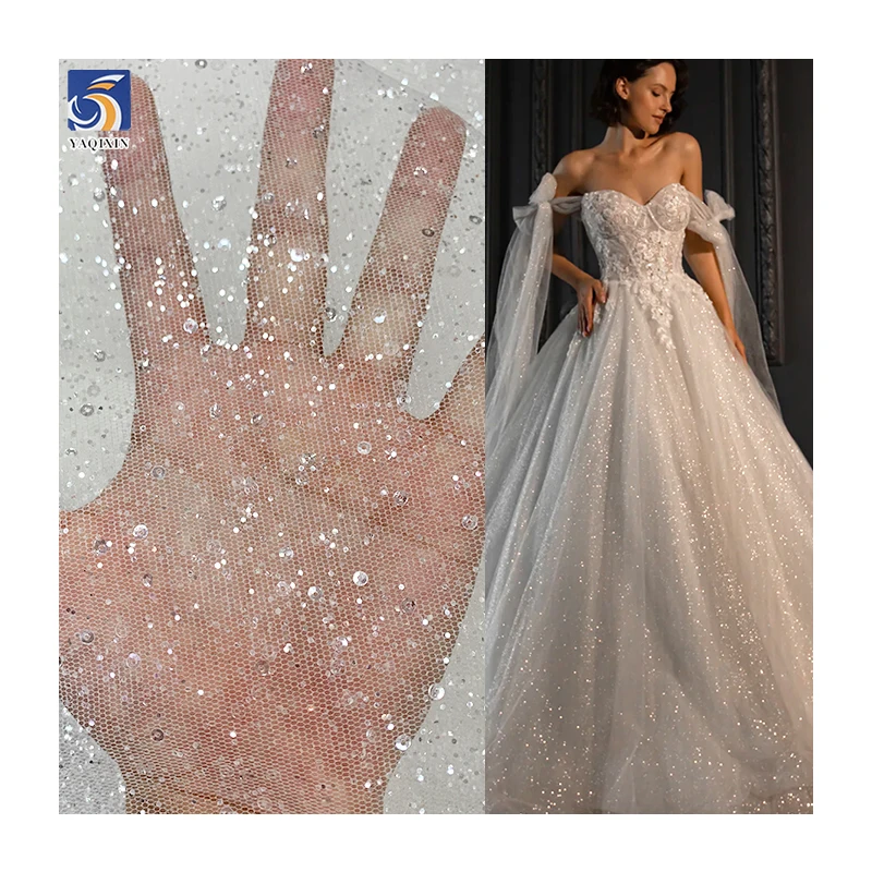 YX697 130gsm High Quality High Density Mesh Tulle Fabric With Silver Glitter Dust Dots Tulle Bridal Wedding Dress Fabric
