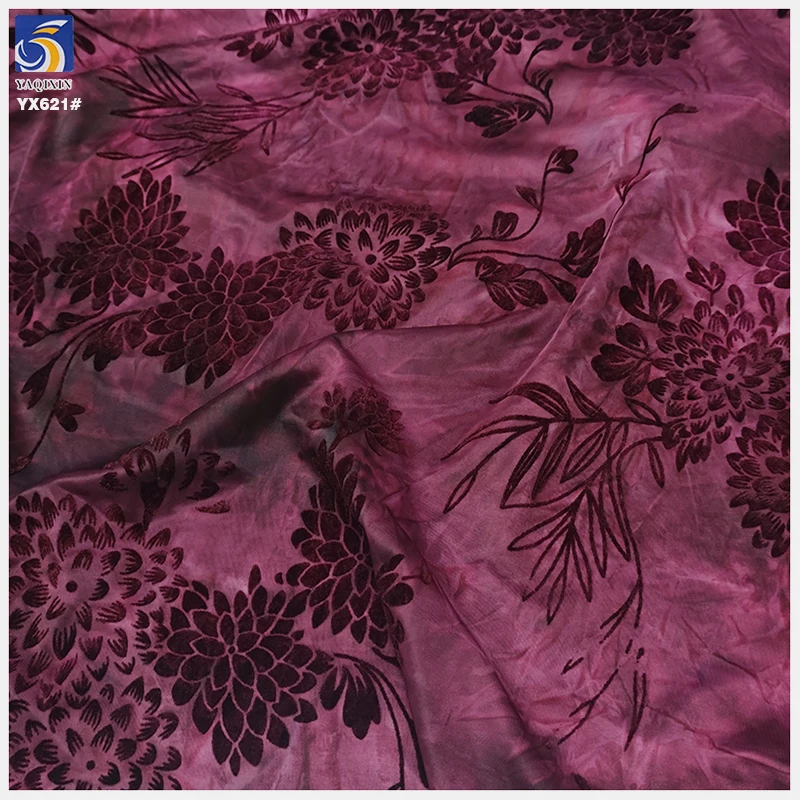 YX621 Dark Wine Red Ice Silk Tie Dyed High Stretch Fabric Spandex Chinese Flowers Flocking Fabric for Women Dress - 图片 5