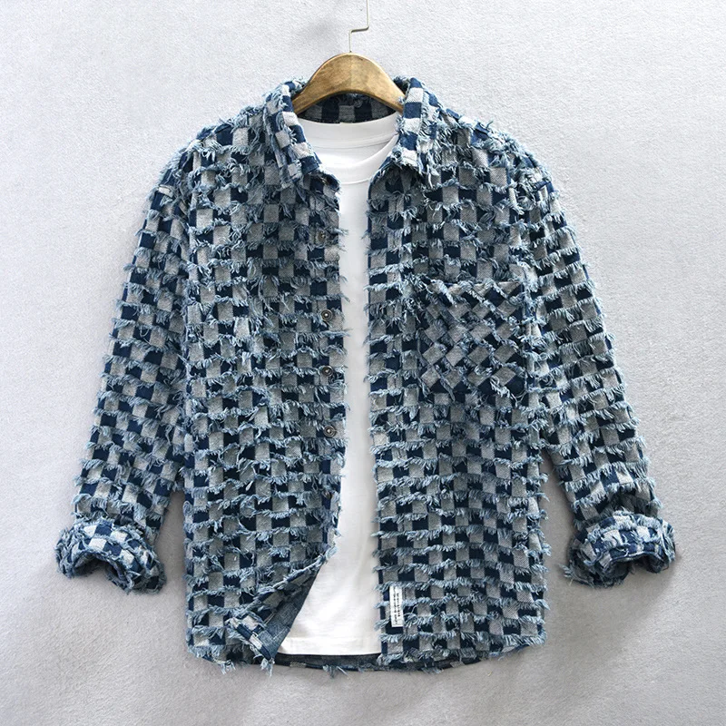 YX656 Fashion Checkerboard Check Plaid Tassel Jacquard Washed Denim Fabric 10oz 85 Cotton 15 Polyester Denim Fabric - 图片 4
