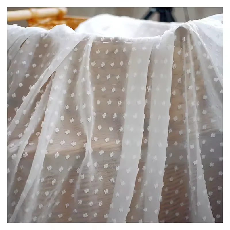 CF001-1 China Wholesale Chiffon Fabric White Pure 100% Polyester Soft Jacquard Dots Chiffon Fabric - 图片 6
