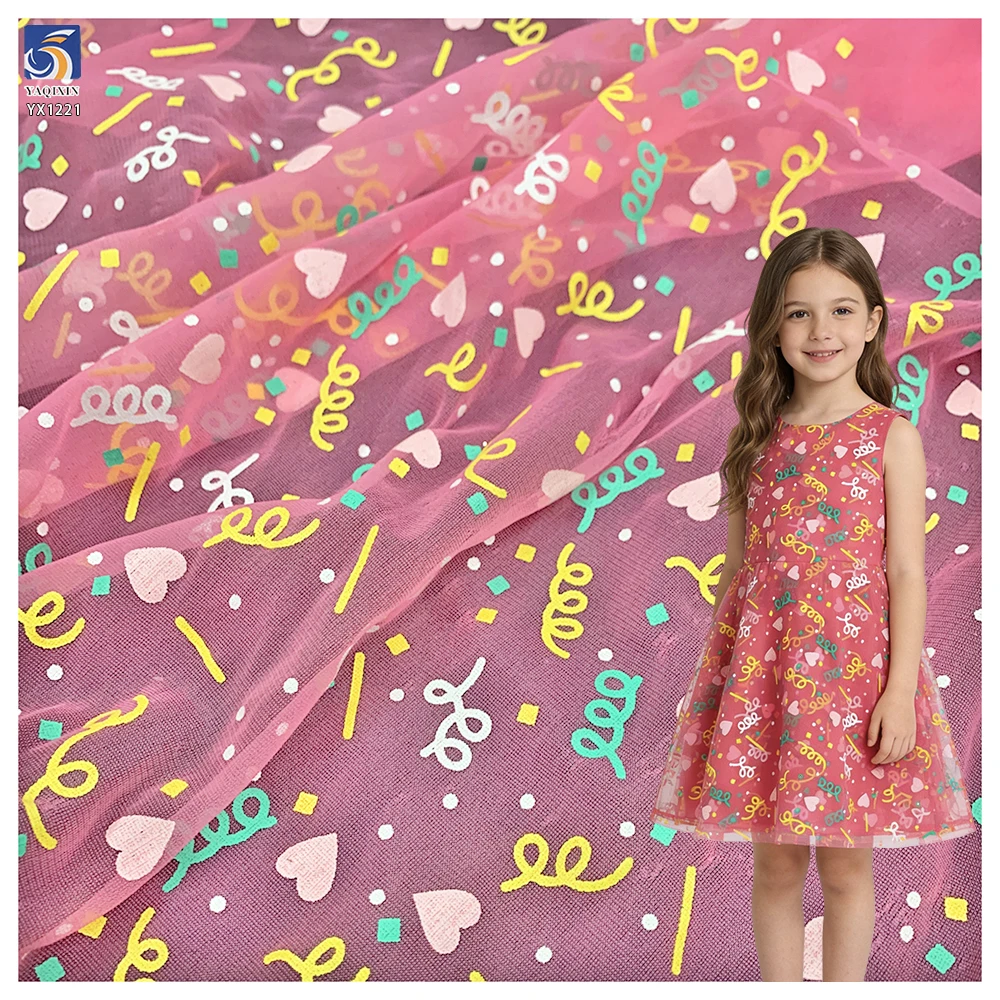 YX1221 National Standard Quality Offset Printed Heart Tulle Fabric 2026 New Year/Valentine's Day Party Tulle Print Fabrics
