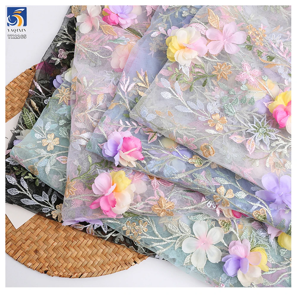 YX1265 Competitive Prices Embroidered Textile Tulle Fabrics Poly Multi-Color Candy Hand Embroidery 3D Flower Dress Fabric - 图片 2