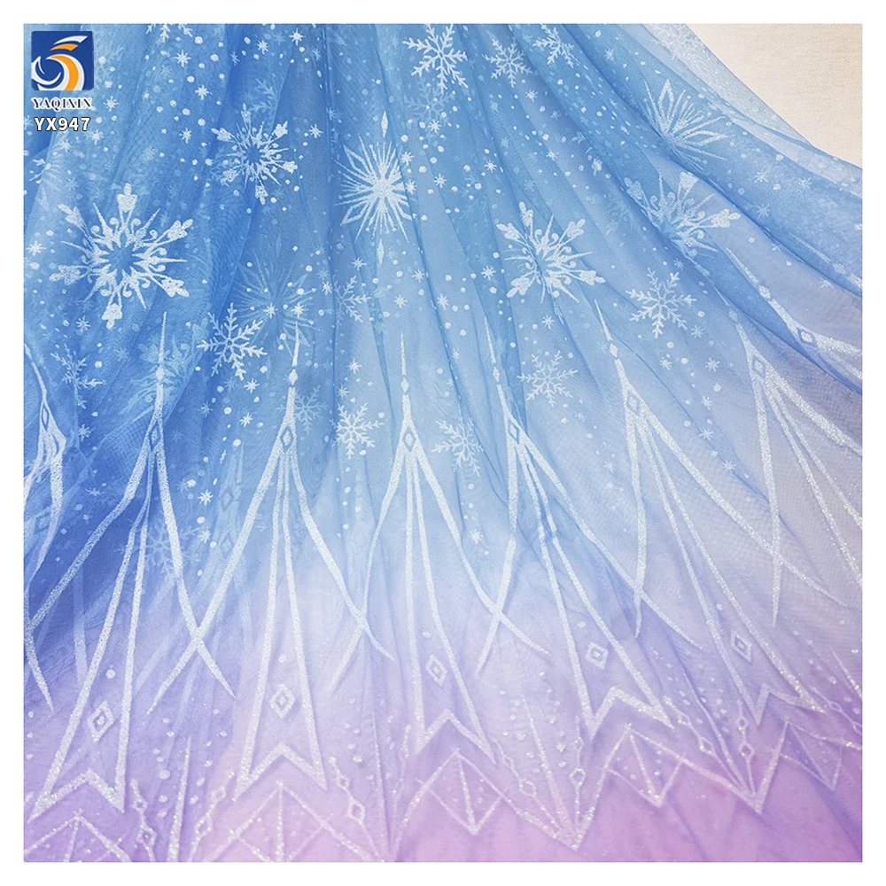 YX947 New Arrivals Polyester Gradient Mesh Fabric With Snowflake and Ice Printed Frozen Princess Dress Cartoon Tulle Fabrics - 图片 4