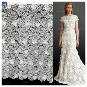 YX1211 Summer Leaves Tropical Style Clothing Lace Fabric Water-Soluble White Dress Hand 3D Embroidery Flowers Fabric Milk Silk