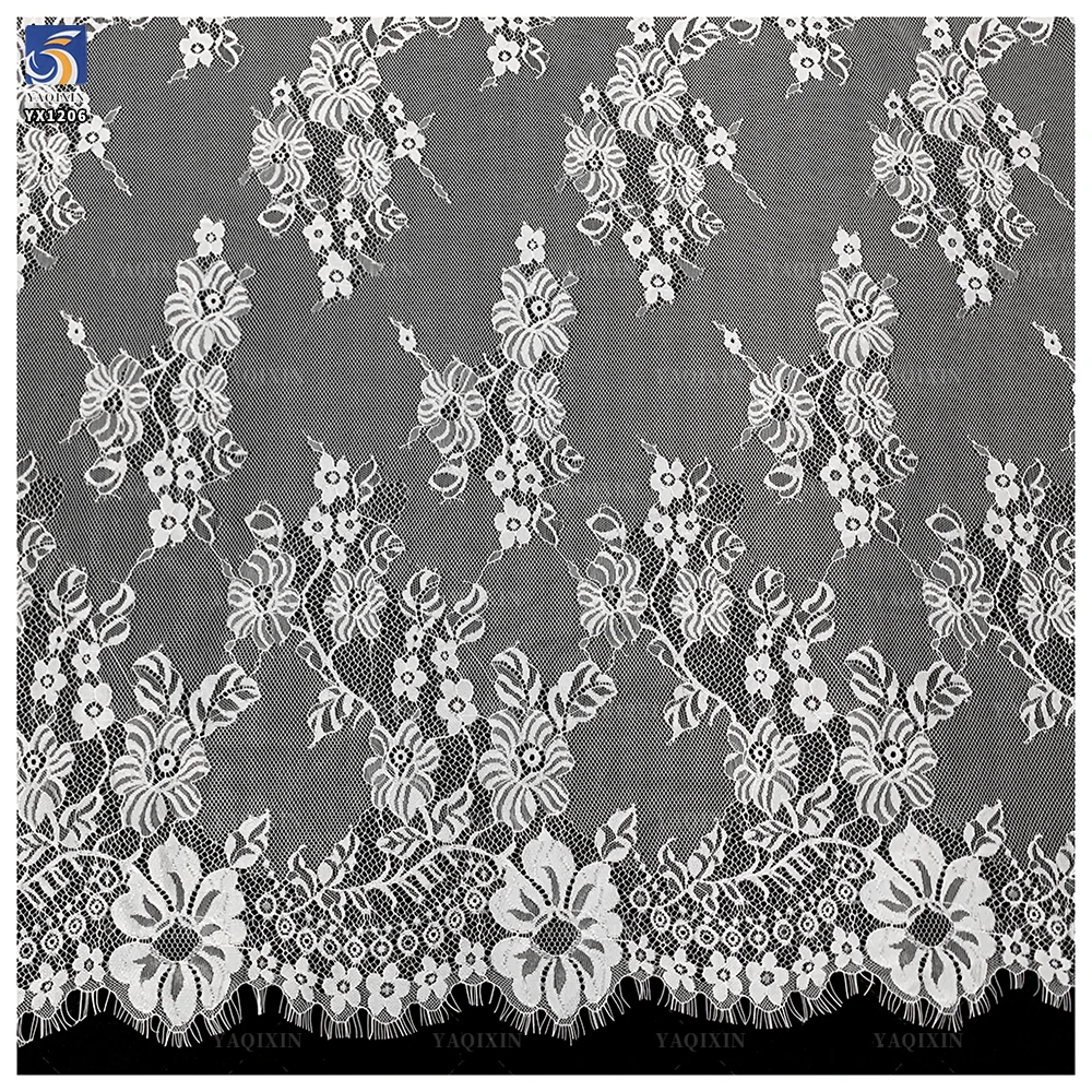 YX1206 Cheap and High Quality Latest Mesh Eyelash Lace Fabric Milky White Flower Embroidery German Wedding Dress Lace Fabric - 图片 5
