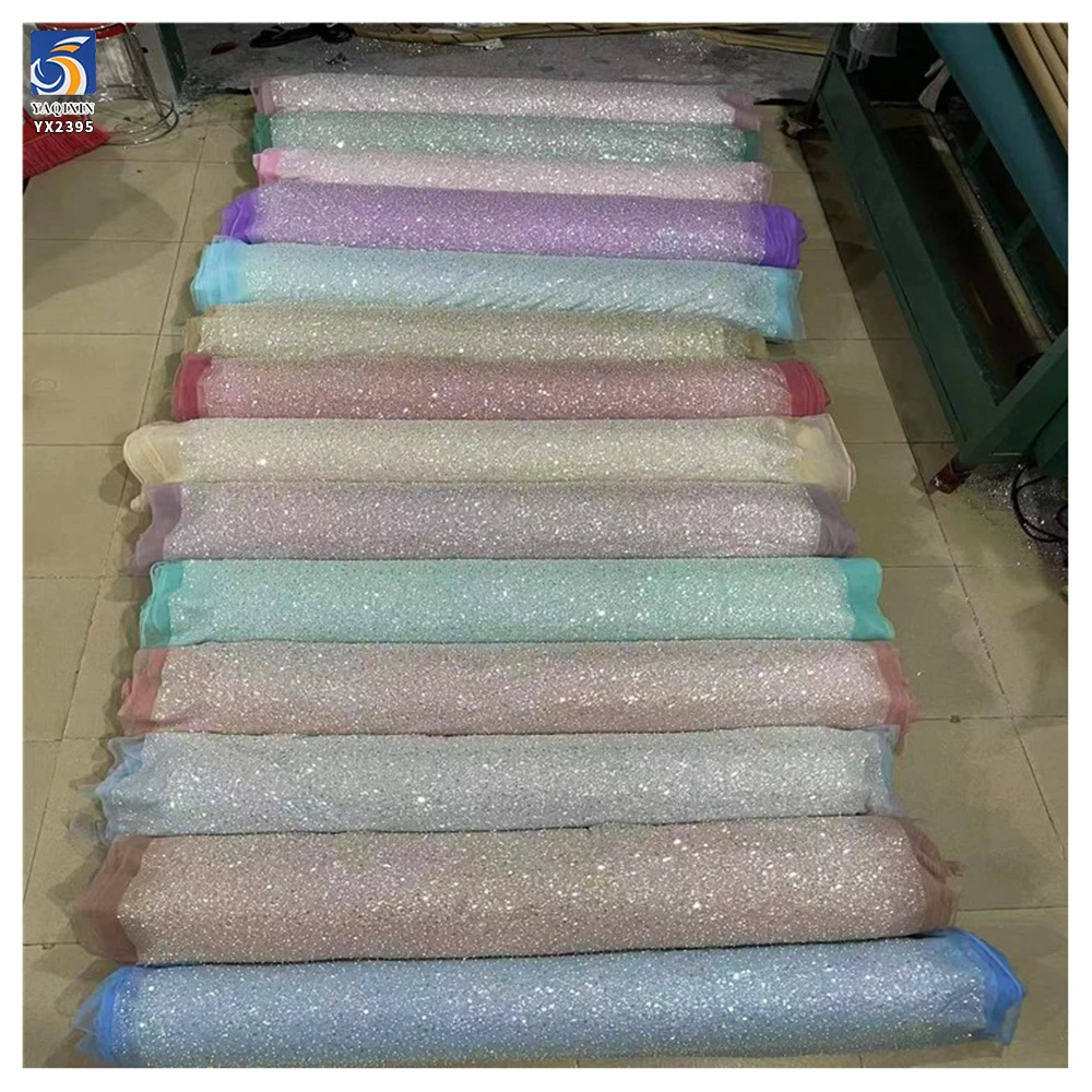 Royal Blue Sparke Glitter Sequins Lace Fabric Mesh Embroidery Beaded Pearl Lace Fabric for Wedding Gown - 图片 2