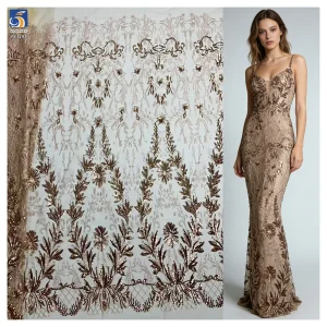 YX1293 Luxury and Expensive Champagne Lace Sequin Fabric High-End Party Dress Glitter Sequin Tulle Lace Fabric for Lady