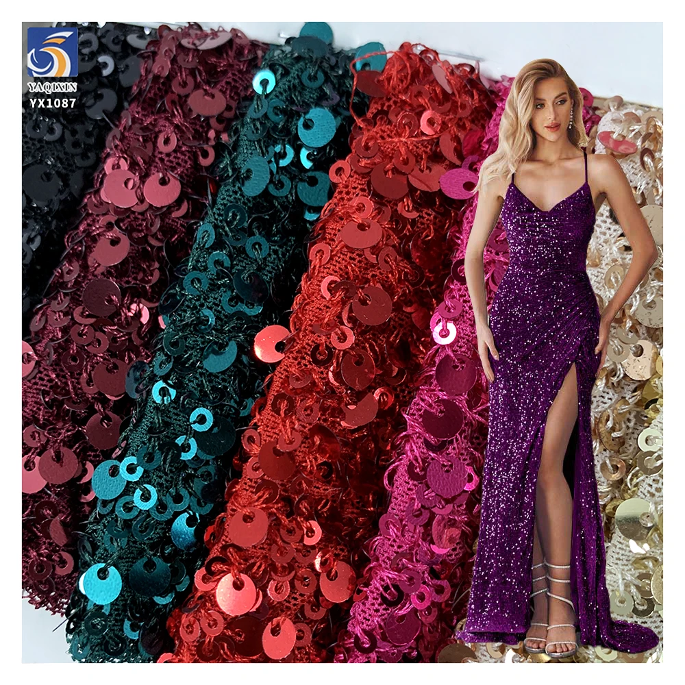 YX1087 300gsm Spandex Stretch Mesh Fabric With 3MM+5MM Sequins Embroidery Heavyweight Sparkle Sequin Fabric for Party Dress