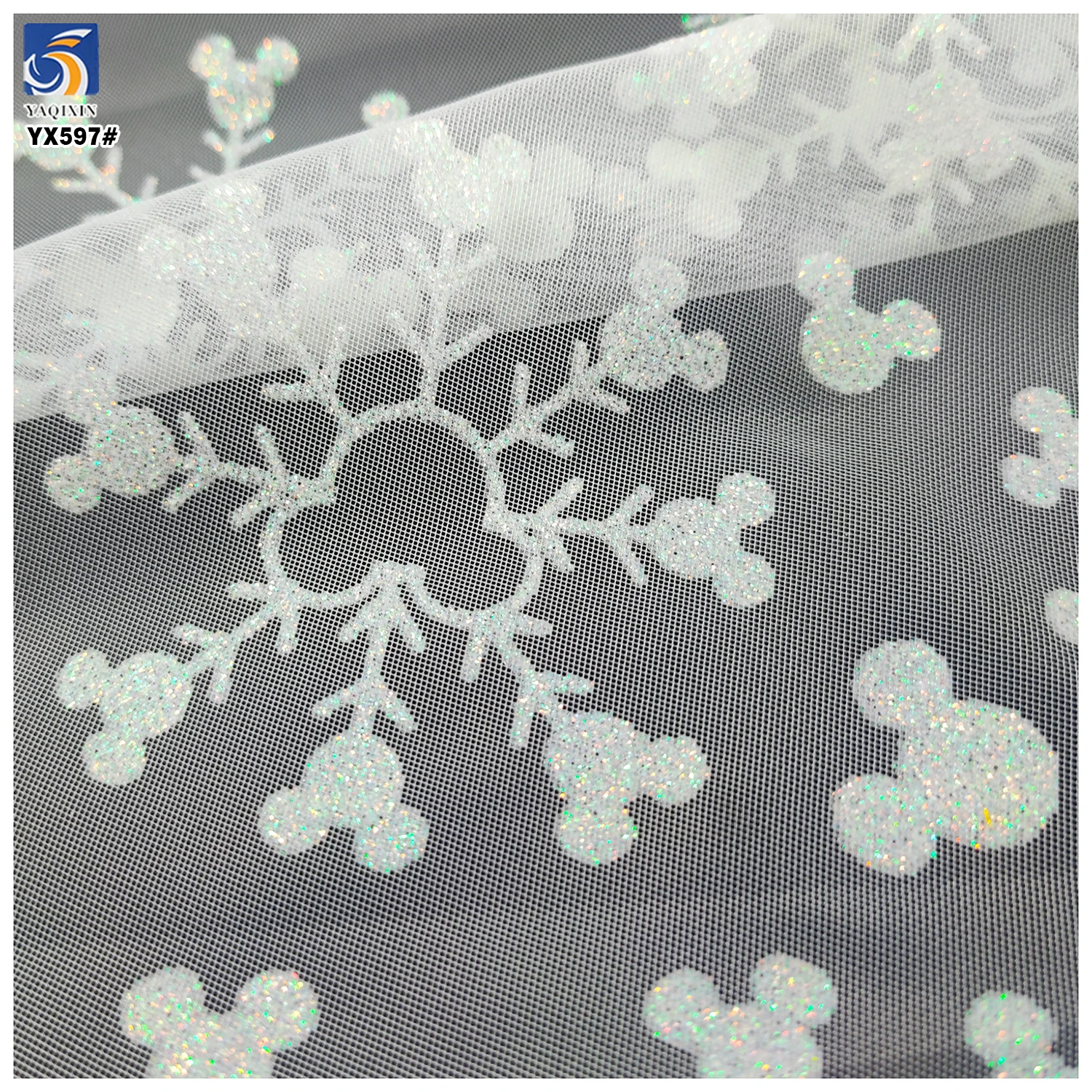 YX597-1 Factory Low Moq Custom Cartoon Glitter Tulle Fabric Mic-key Mouse White Snowflake Elsa Tulle Mesh Fabrics - 图片 5