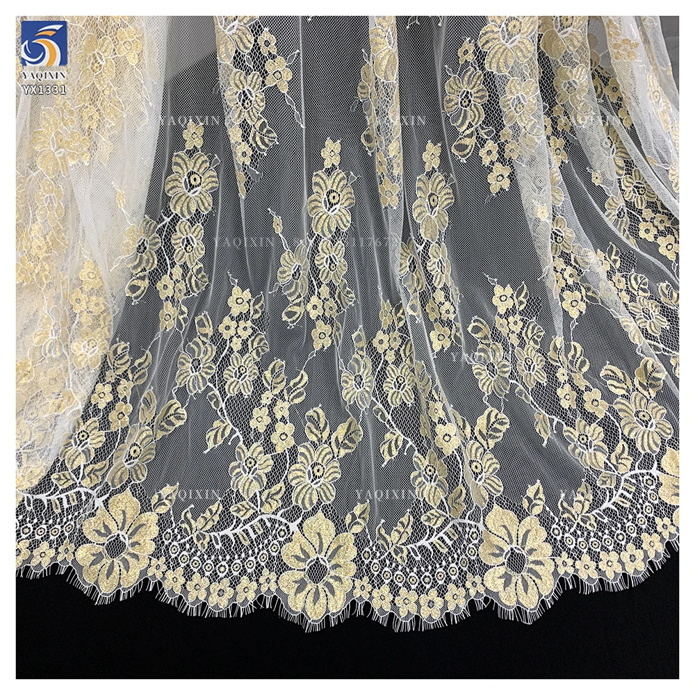 YX1331 3m*1.5m China Hot-Selling Gold Thread Eyelash Lace Fabric for Long Dress Luxury Embroidery Mesh Dubai Lace Fabrics - 图片 6