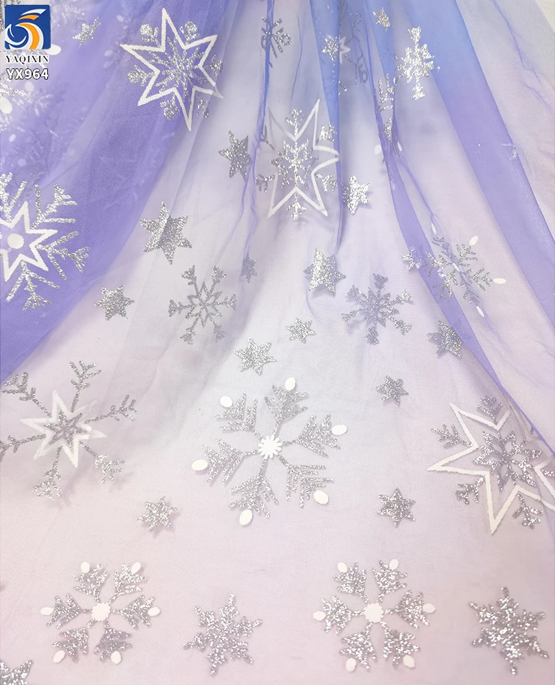 YX964 Stars Print Mesh Princess Dress Fabric Girl Poncho Dress Purple Blue Gradient Tulle Fabric With Silver Star Print - 图片 4