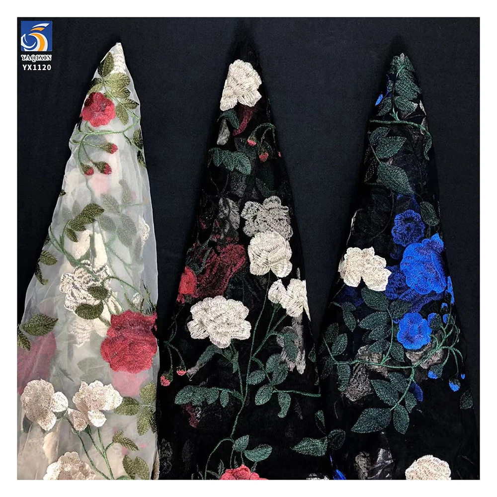 YX1120 Expensive Multi-Color Embroidered Flowers Mesh Fabric Water-Soluble Embroidery Large Roses Tulle Fabric French Parisian - 图片 5