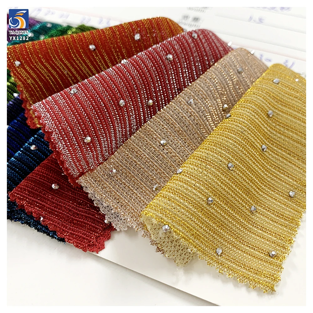 YX1282 Recently Popular Polyester Knitted Chiffon Striped Fabric With Rhinestones Latin Dance Costume Lurex Chiffon Fabric - 图片 3