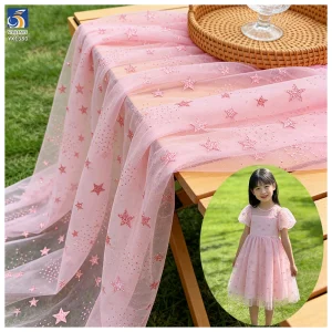YX1380 Popular 2026 Style Pink Glitter Tulle Fabric by the Yard Knit Glitter Stars Mesh Tulle Fabric for Girls Dress