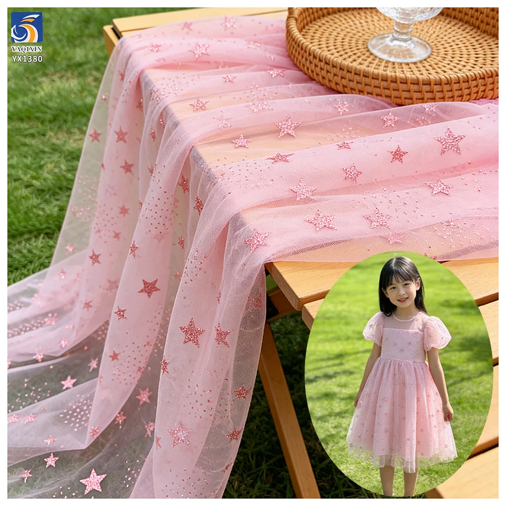 YX1380 Popular 2026 Style Pink Glitter Tulle Fabric by the Yard Knit Glitter Stars Mesh Tulle Fabric for Girls Dress