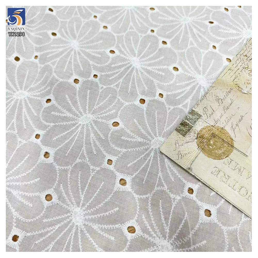 YX1298 Openwork Woven Pure 100 Cotton Embroidered Lace Fabric for Women's Dress Elegant White Cotton Lace Fabric - 图片 6