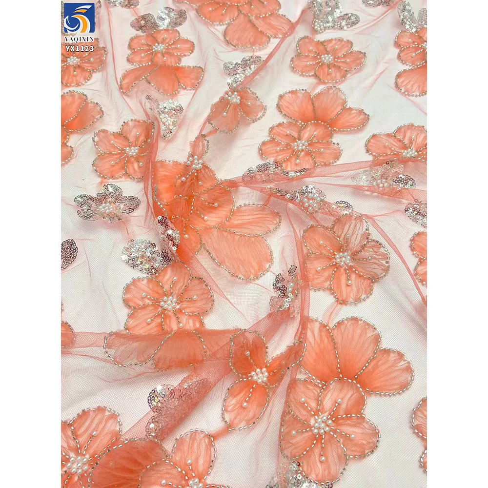 YX1123 New Fashion Style European Tulle Fabric Lightweight 3D Florals Embroidery Mesh Women's Skirt Fabric With Pearls Sequins - 图片 5