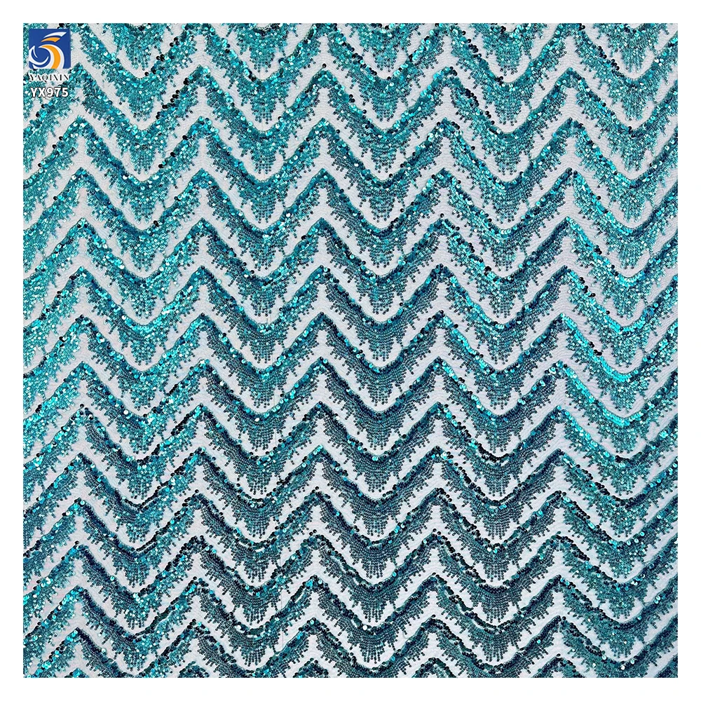 YX975 350gsm Heavyweight Wave Designs Embroidered Mesh Lace Sequin Fabric by the Yard Evening Gown Sequin Knit Fabric - 图片 6
