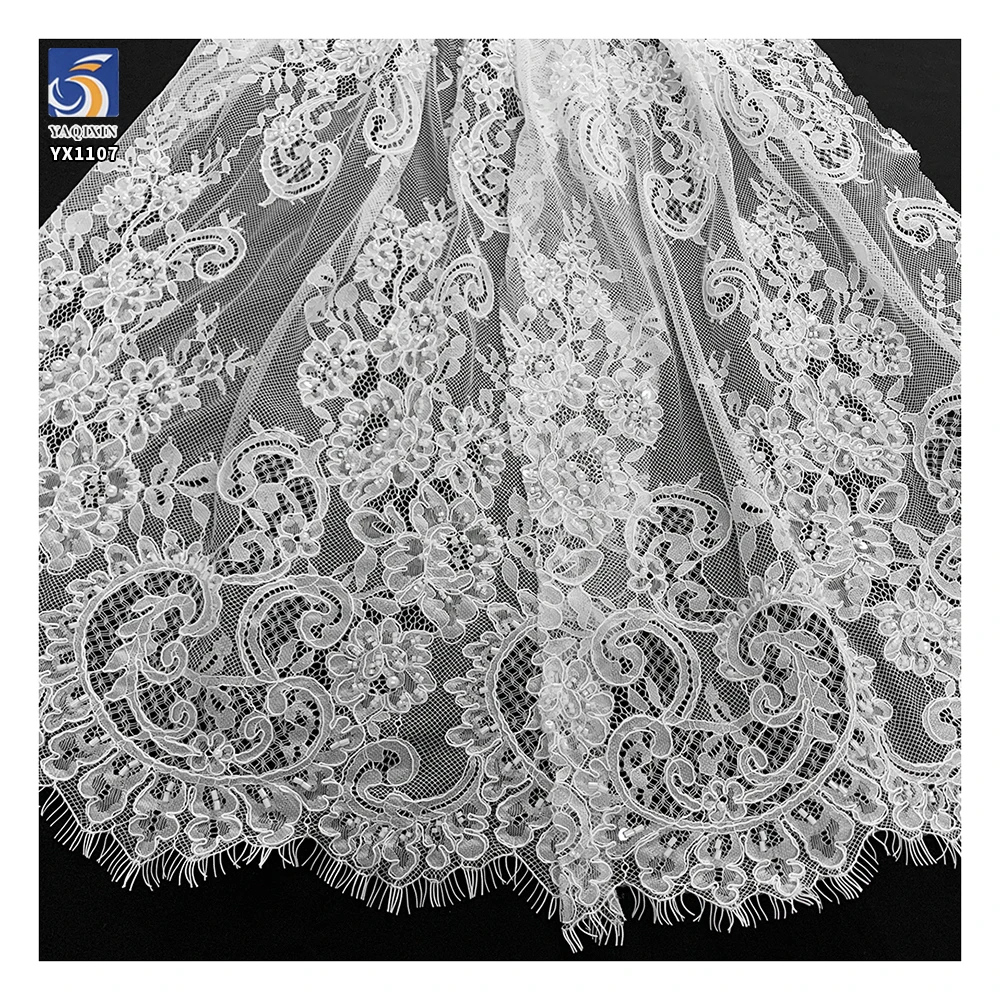 YX1107 Manufacturer Nigerian Eyelash Garment Lace Fabric Embroidered Florals Pearls Tulle Eyelash Lace Fabric for Clothing - 图片 3