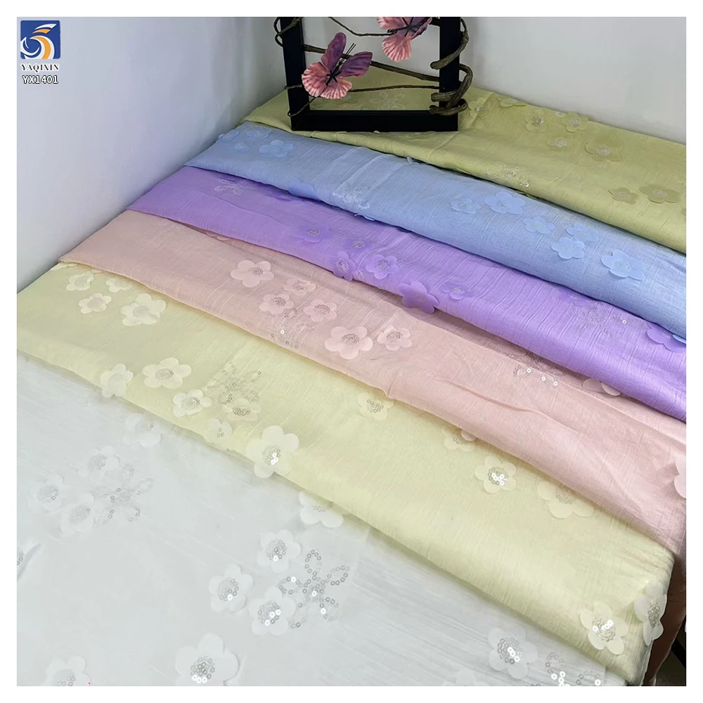 YX1401 Laser 3D Embroidery Sunflower Flowers Chiffon Fabrics With Sequins Crepe Chiffon Fabric for Chinese Cheongsam - 图片 6