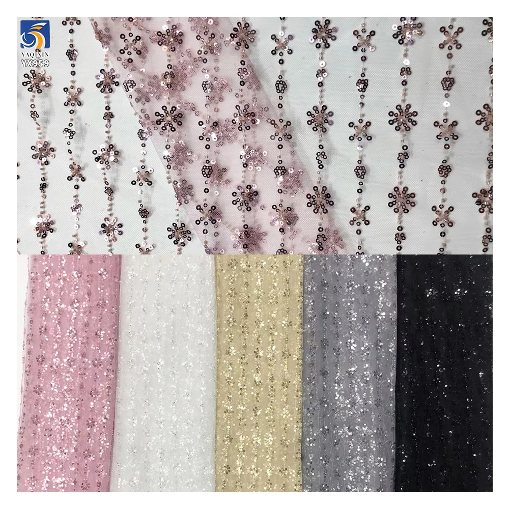 YX959 New Style Floral Design Sequined Polyester Tulle Fabric Glitter Sequin Embroidery Mesh Fabric for Girls Skirt Home Textile