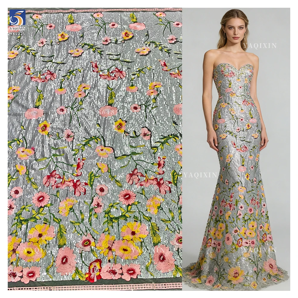 YX1228 Hot-Selling Popular Heavy-Duty Floral Embroidery Heavy Sequins Fabrics Sequin Dress Fabric for Fashion Clothing/Gown