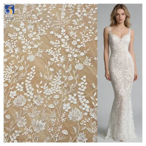 YX1275 130gsm Luxury Florals Embroidered White Wedding Tulle Lace Fabric Water-Soluble Embroidery French Dress Fabric
