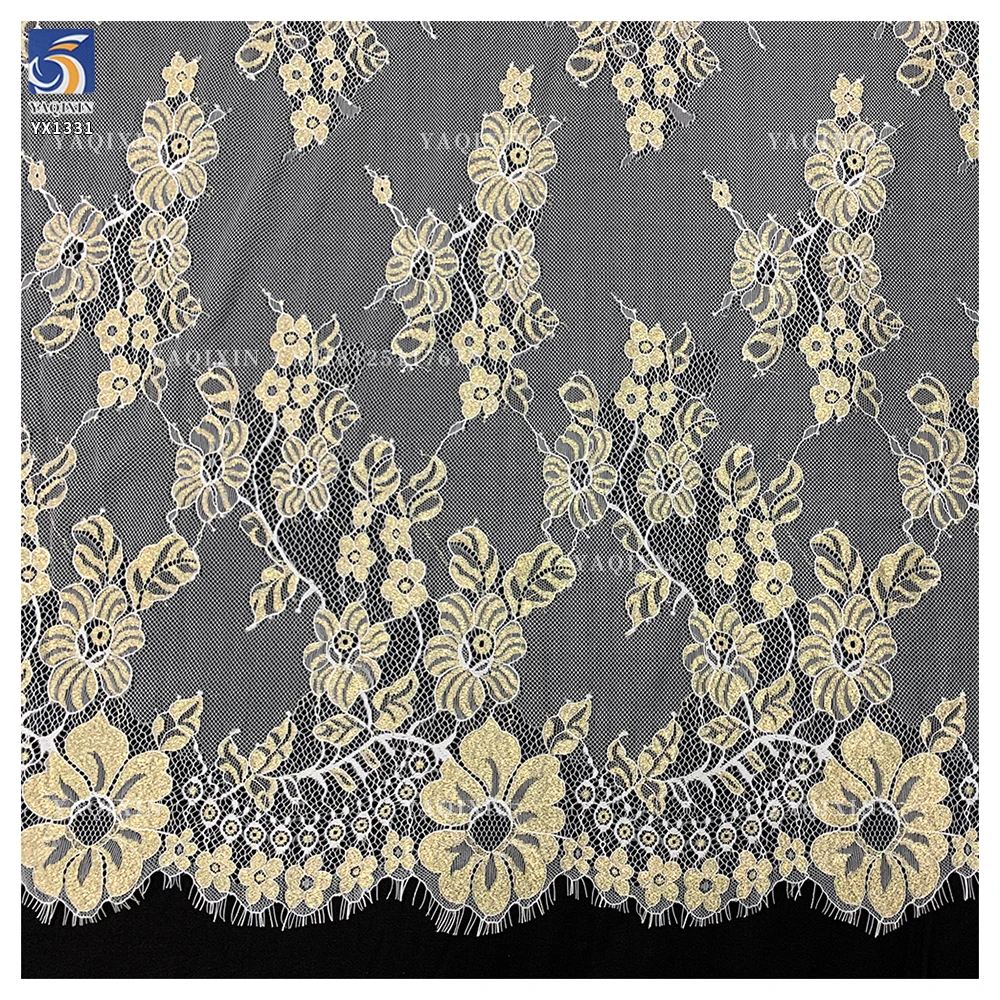 YX1331 3m*1.5m China Hot-Selling Gold Thread Eyelash Lace Fabric for Long Dress Luxury Embroidery Mesh Dubai Lace Fabrics - 图片 4