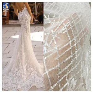 YX1276 5 Yards DE LACE Striped Cross Embroidered Sequin Lace Fabric Floral Embroidery White Bridal Lace Fabric