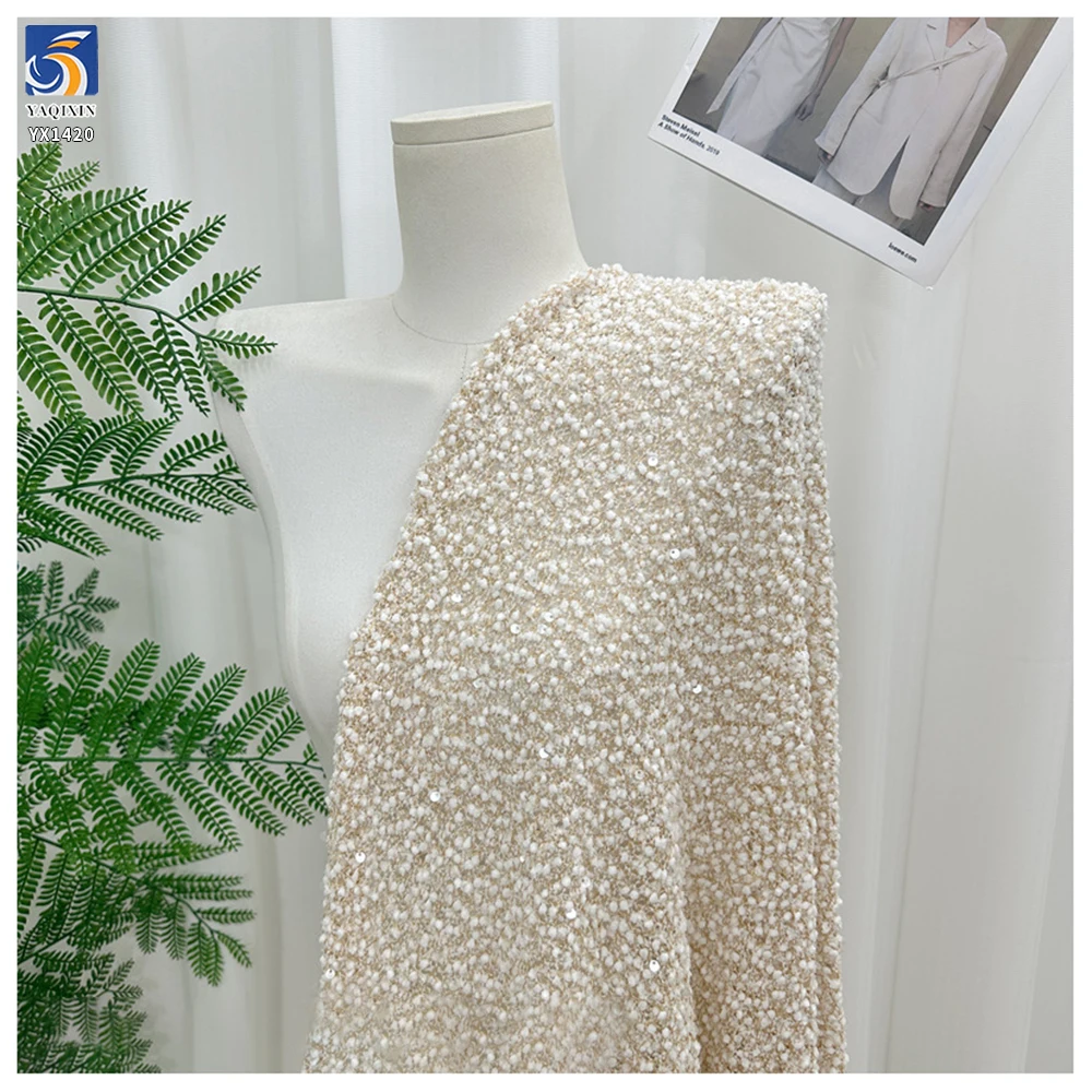 YX1420 Winter 100% Polyester White Pom-Pom Lace Jacquard Fabric With Embroidered 5mm Sequin for Women's Dress - 图片 3