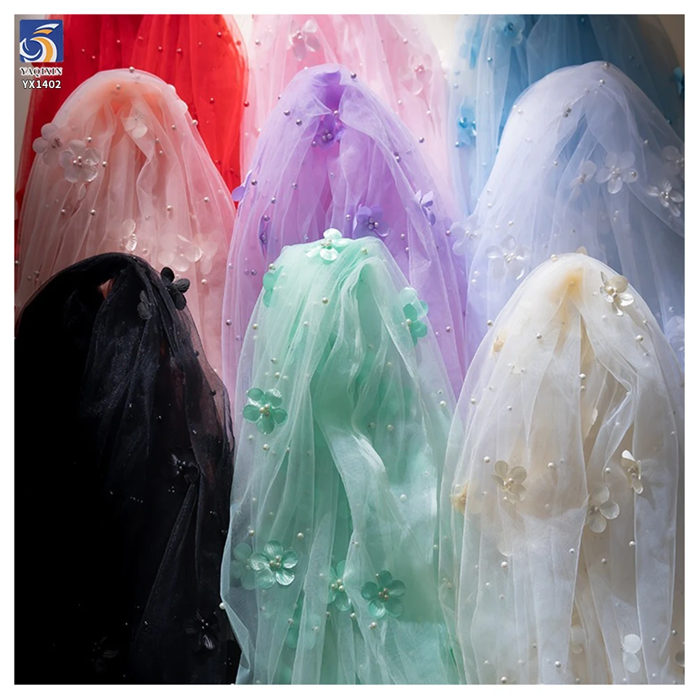 YX1402 Competitive Prices 3D Floral Pearls Tulle Skirt Fabric for Girls' Beautiful 2026 Embroidered 3D Mesh Fabric - 图片 6