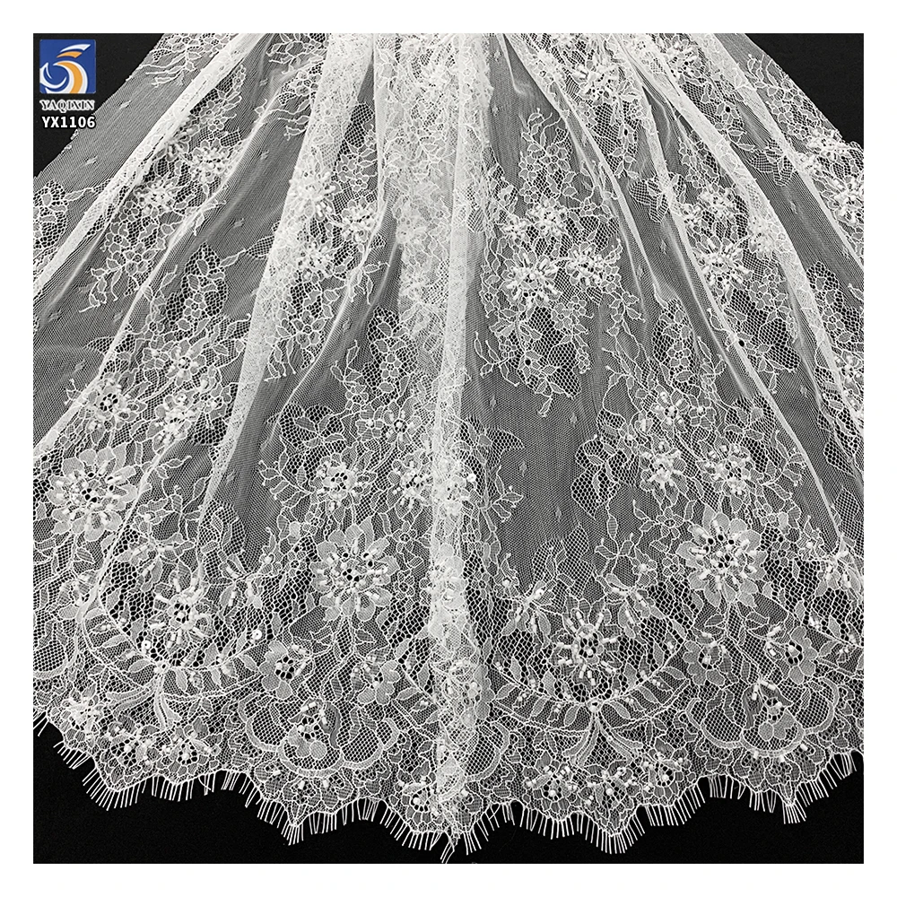 YX1106 Luxurious Saudi Dubai Lace Fabric 15 Yards 3D Floral Pearls Embroidered Wedding Eyelash Mesh Net Lace Fabric White - 图片 5