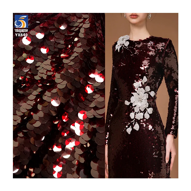 YX840 130CM High Quality Dress Embroidery Dark Red Sequin Fabric 450gsm 9mm Large Transparent Sequins Fabric