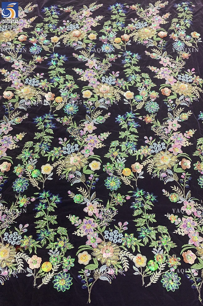 YX1309 Top Sales Forest Pattern 3D Floral Embroidered Mesh Fabric for Women's Skirts DIY Handmade Pearls Sequin Flowers Fabric - 图片 3