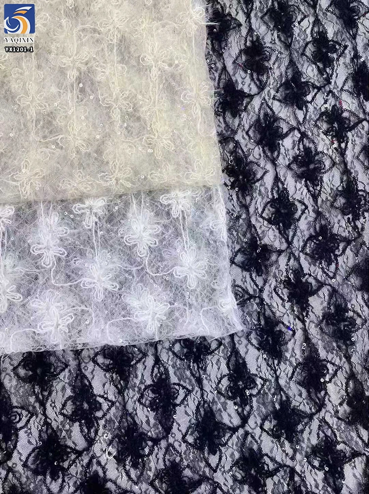 YX1201-1 130gsm Sexy Style Embroidered Black Tulle Fabric for Woman Clothing Mesh Custom Knitted Embroidery Fabric 1 Yard - 图片 6