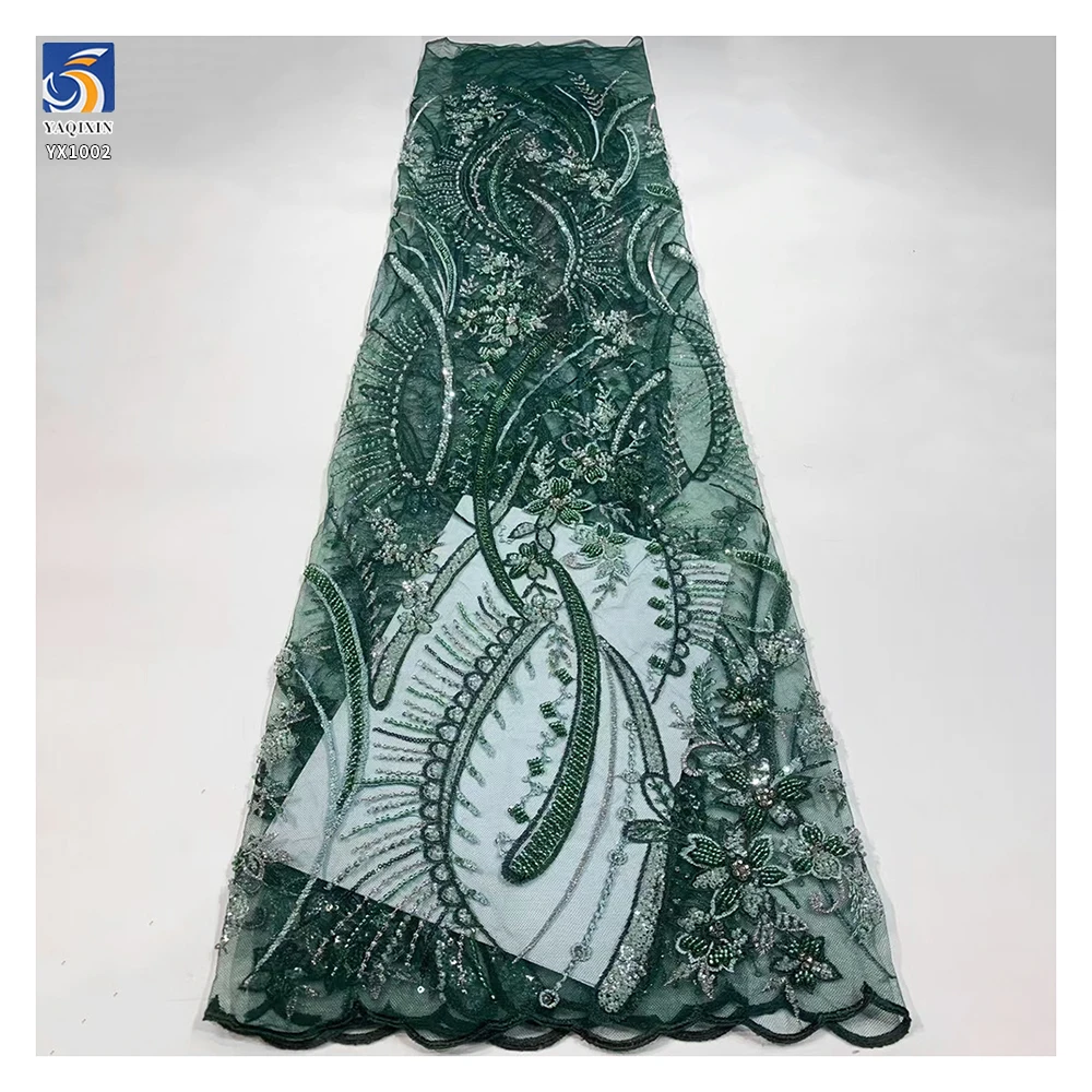 YX1002 Emerald Green African Lace Fabric DIY Customized Flower Sequin Embroidered Fabric Lace Textile for African Wedding - 图片 3