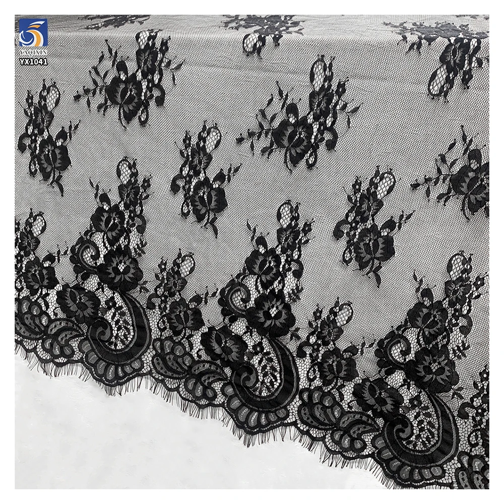YX1041 High-Quality Sheer Breathable Soft Black Lace Fabric Lightweight Polyester Embroidered Flower Eyelash Lace Fabrics - 图片 6